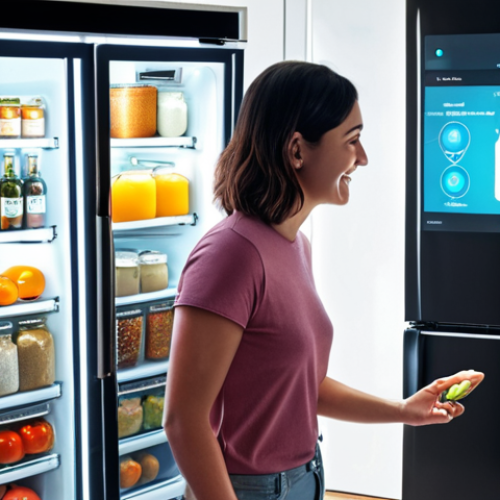 Home 20 **A modern kitchen with a sleek, smart refrigerator as the focal point. A person, looking relaxed and happy, interacts with a holographic or touchscreen interface emanating from the fridge, which displays personalized recipe suggestions based on visible ingredients inside. AI icons or glowing digital elements subtly indicate intelligent assistance and efficient inventory management. The scene conveys convenience and a stress-free cooking experience, with a clean and well-lit aesthetic.**