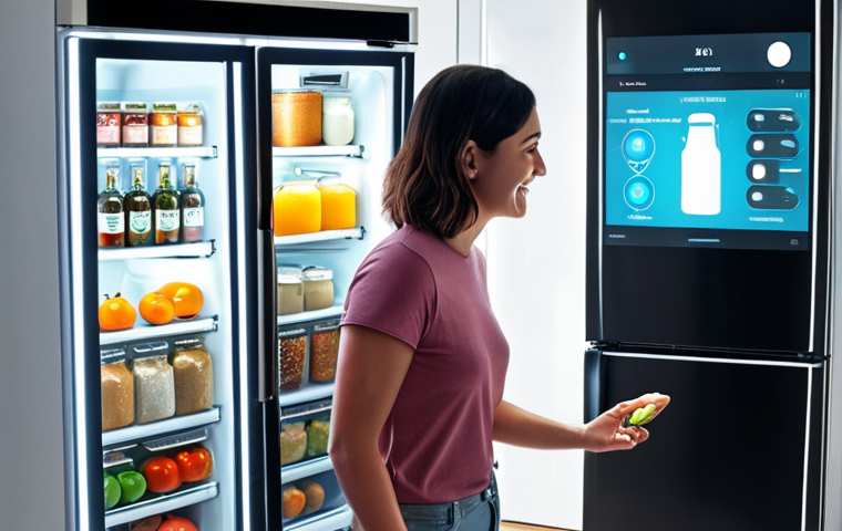 **A modern kitchen with a sleek, smart refrigerator as the focal point. A person, looking relaxed and happy, interacts with a holographic or touchscreen interface emanating from the fridge, which displays personalized recipe suggestions based on visible ingredients inside. AI icons or glowing digital elements subtly indicate intelligent assistance and efficient inventory management. The scene conveys convenience and a stress-free cooking experience, with a clean and well-lit aesthetic.**