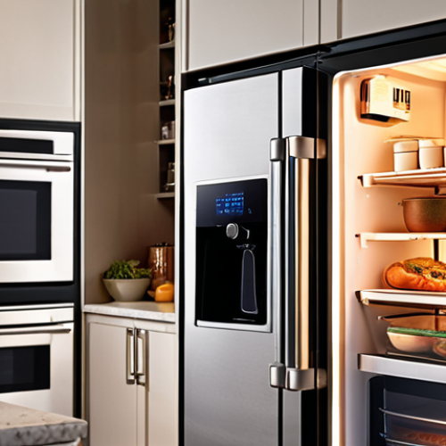 Home 19 **Prompt:** Modern smart kitchen with a stainless steel smart refrigerator displaying recipe suggestions based on its inventory, an integrated smart oven, and warm, inviting lighting.