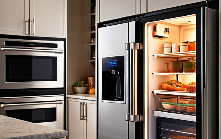 **Prompt:** Modern smart kitchen with a stainless steel smart refrigerator displaying recipe suggestions based on its inventory, an integrated smart oven, and warm, inviting lighting.