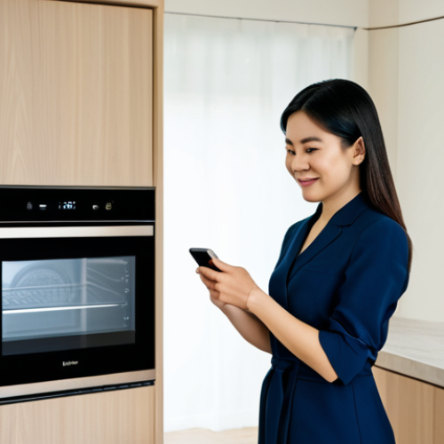 Home 18 A confident Malaysian woman, mid-30s, in modest professional attire, stands gracefully in a contemporary, brightly lit smart kitchen. She is looking at her smartphone, which displays a notification from a sleek, silver smart oven in the background. A smart rice cooker is visible on the counter. The kitchen is clean and organized, with modern cabinetry and subtle smart appliance interfaces, conveying efficiency and a relaxed, controlled environment. perfect anatomy, correct proportions, natural pose, well-formed hands, proper finger count, natural body proportions, professional photography, high quality, safe for work, appropriate content, fully clothed, professional dress, family-friendly.