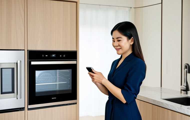 A confident Malaysian woman, mid-30s, in modest professional attire, stands gracefully in a contemporary, brightly lit smart kitchen. She is looking at her smartphone, which displays a notification from a sleek, silver smart oven in the background. A smart rice cooker is visible on the counter. The kitchen is clean and organized, with modern cabinetry and subtle smart appliance interfaces, conveying efficiency and a relaxed, controlled environment. perfect anatomy, correct proportions, natural pose, well-formed hands, proper finger count, natural body proportions, professional photography, high quality, safe for work, appropriate content, fully clothed, professional dress, family-friendly.