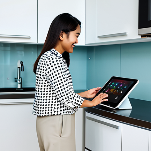 Home 9 A Malaysian woman in her late 20s, with a warm, friendly expression, wearing a modest, comfortable modern batik blouse and neutral trousers. She is standing in a brightly lit, contemporary Malaysian smart kitchen, gently interacting with a sleek, user-friendly touchscreen tablet that displays smart appliance controls. In the background, a high-tech smart oven with an illuminated interface subtly indicates intelligent operation. The scene emphasizes ease of use and intuitive technology, reflecting a seamless daily cooking experience driven by user feedback. perfect anatomy, correct proportions, natural pose, well-formed hands, proper finger count, natural body proportions, fully clothed, appropriate attire, professional dress, safe for work, appropriate content, professional, family-friendly.
