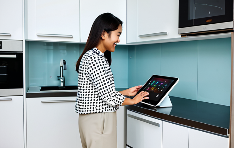 A Malaysian woman in her late 20s, with a warm, friendly expression, wearing a modest, comfortable modern batik blouse and neutral trousers. She is standing in a brightly lit, contemporary Malaysian smart kitchen, gently interacting with a sleek, user-friendly touchscreen tablet that displays smart appliance controls. In the background, a high-tech smart oven with an illuminated interface subtly indicates intelligent operation. The scene emphasizes ease of use and intuitive technology, reflecting a seamless daily cooking experience driven by user feedback. perfect anatomy, correct proportions, natural pose, well-formed hands, proper finger count, natural body proportions, fully clothed, appropriate attire, professional dress, safe for work, appropriate content, professional, family-friendly.